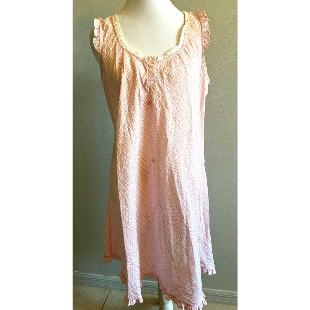 VTG Miss Elaine Pink Roses Babydoll Nightgown Ruffles Lace Stripes Romantic M